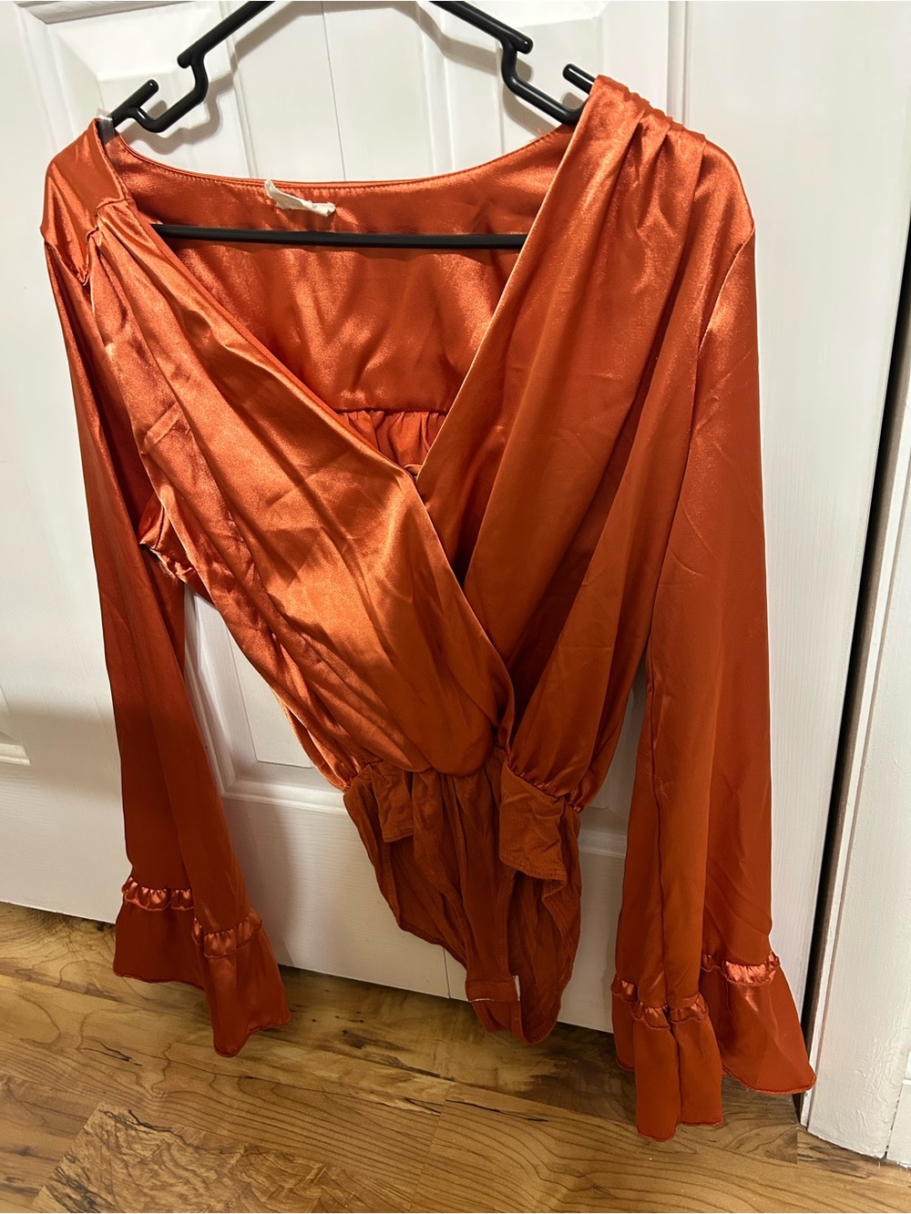 Satin Wrap Long-Sleeve Top in Burnt Orange